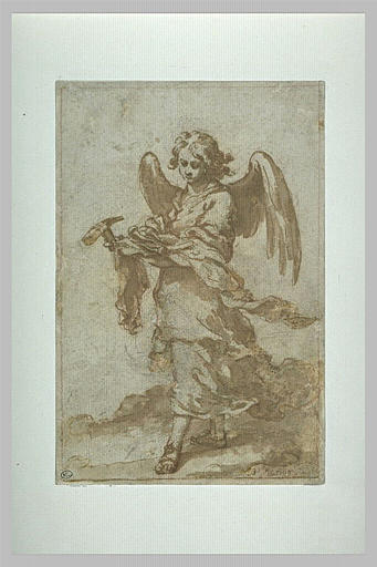 Sepia toned drawing by Murillo showing a softly modeled angel walking on clouds, wings spread, and holding a cloth that cradles a small hammer and nails, symbols of the Crucifixion.
