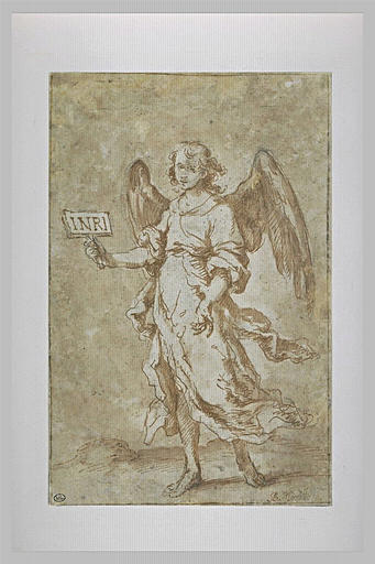 Monochrome drawing by Bartolomé Esteban Murillo showing a youthful winged angel walking forward while holding a small plaque with the inscription “INRI,” dressed in flowing robes against a lightly washed background.