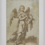 Monochrome drawing by Murillo showing a standing angel in flowing robes and broad wings holding the Crown of Thorns in both hands, lightly shaded with brown wash against a simple background.