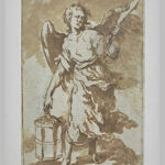 Sepia toned drawing by Murillo showing an angel walking on clouds, holding a cylindrical lantern in one hand and an upright sword in the other, symbolising the lanterns and weapon used during Christ’s arrest and the wounding of Malchus.