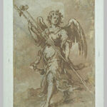 Monochrome drawing by Bartolomé Esteban Murillo showing a youthful winged angel walking forward while carrying a long diagonal spear topped with the sponge holder, clothed in flowing robes against a softly washed background.