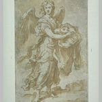 Monochrome drawing by Murillo showing a standing angel in flowing robes and wings spread, walking forward while holding Christ’s tunic in both hands with small dice resting in the cloth, rendered in soft brown ink and wash on paper.