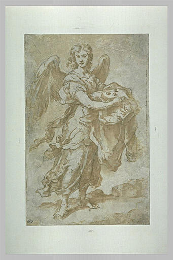 Monochrome drawing by Murillo showing a standing angel in flowing robes and wings spread, walking forward while holding Christ’s tunic in both hands with small dice resting in the cloth, rendered in soft brown ink and wash on paper.