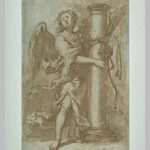 Sepia toned drawing by Murillo showing an angel with flowing robes and wings standing beside a tall column, one arm wrapped around it while holding the whips of Christ’s scourging, surrounded by soft cloudlike shading.