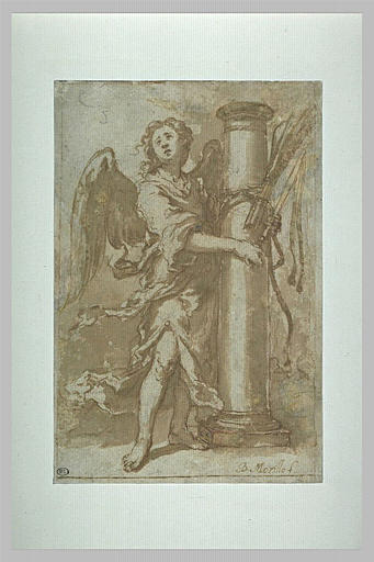 Sepia toned drawing by Murillo showing an angel with flowing robes and wings standing beside a tall column, one arm wrapped around it while holding the whips of Christ’s scourging, surrounded by soft cloudlike shading.