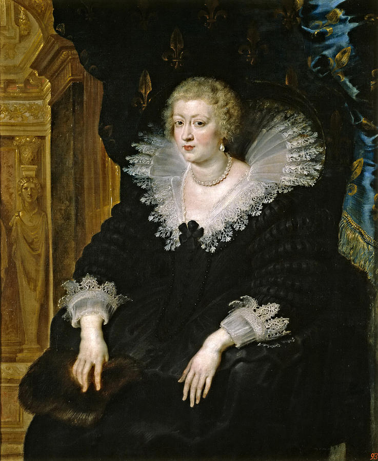 Baroque portrait by Peter Paul Rubens showing Anne of Austria, Queen of France, seated frontally in a voluminous black gown with a high white lace ruff, pearl necklace, and fur muff, framed by gilded architecture on the left and a blue curtain with gold motifs on the right.