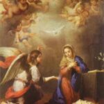 Painting by Bartolomé Esteban Murillo showing the Annunciation, with the angel Gabriel kneeling before Mary in a small room, a dove of the Holy Spirit descending from a cloud of cherubs above, and soft golden light enveloping the scene.