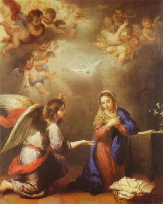 Painting by Bartolomé Esteban Murillo showing the Annunciation, with the angel Gabriel kneeling before Mary in a small room, a dove of the Holy Spirit descending from a cloud of cherubs above, and soft golden light enveloping the scene.