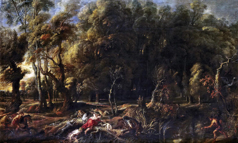 Baroque painting by Peter Paul Rubens showing a dense, dark forest filling most of the canvas while, in the lower foreground, Atalanta in red and Meleager lead hunters and hounds in a chaotic attack on the Calydonian boar.
