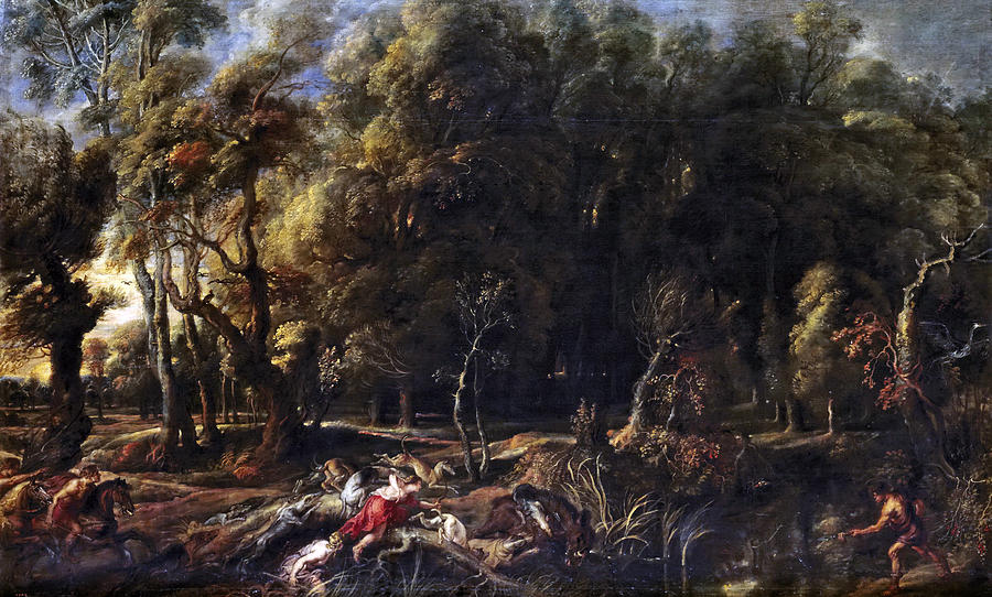 Baroque painting by Peter Paul Rubens showing a dense, dark forest filling most of the canvas while, in the lower foreground, Atalanta in red and Meleager lead hunters and hounds in a chaotic attack on the Calydonian boar.