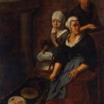 Painting by Bartolomé Esteban Murillo showing a woman seated by a hearth baking flat cakes on a griddle while a girl with a white head covering holds a bowl and plate beside her and a boy stands in the shadowed background inside a dark rustic kitchen.