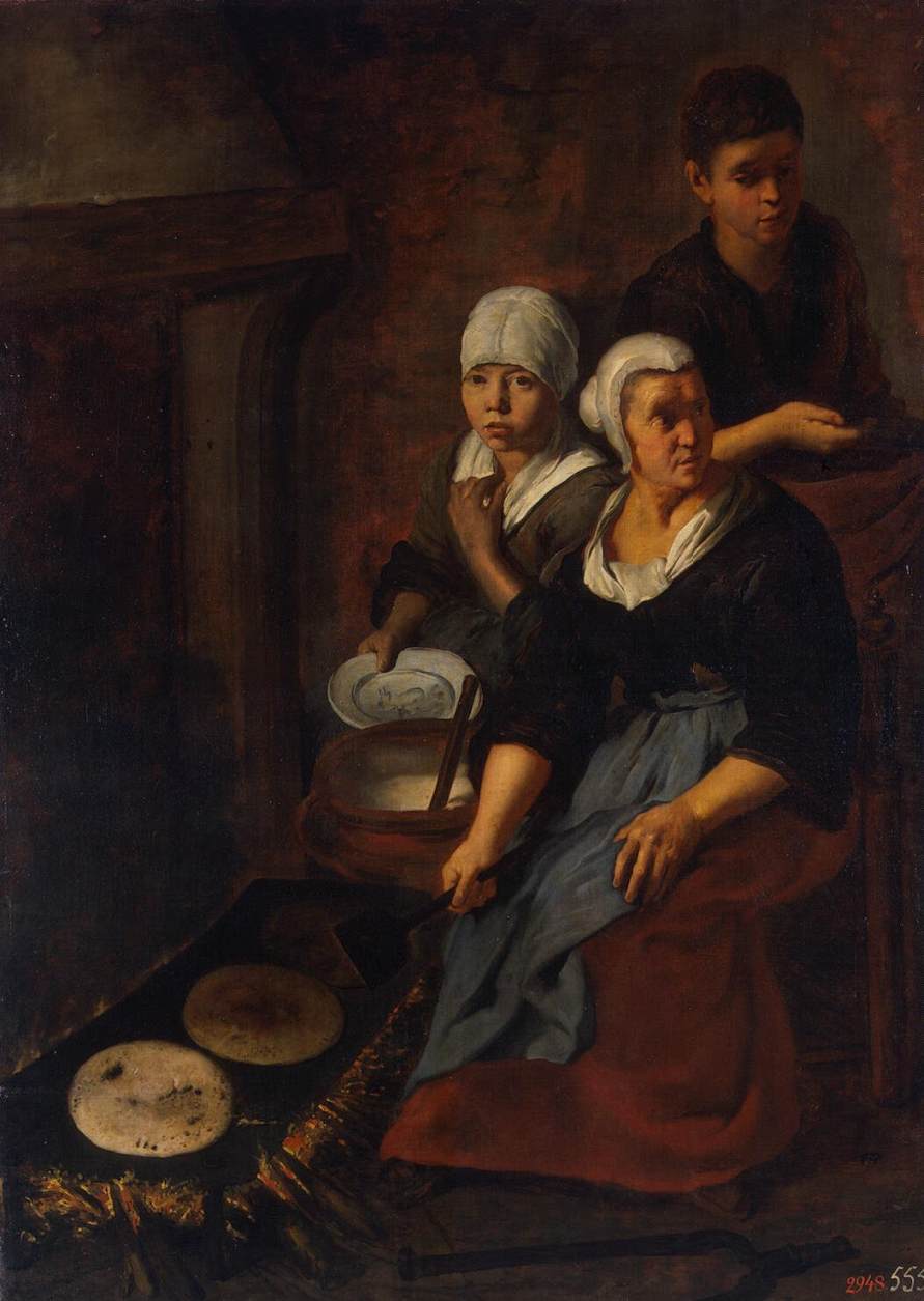 Painting by Bartolomé Esteban Murillo showing a woman seated by a hearth baking flat cakes on a griddle while a girl with a white head covering holds a bowl and plate beside her and a boy stands in the shadowed background inside a dark rustic kitchen.