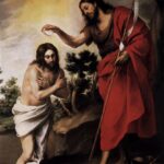 Painting by Murillo of the baptism of Christ, showing Jesus in a white cloth standing in the river as John the Baptist in a red cloak pours water over his head, with a white dove of the Holy Spirit glowing in the sky above.