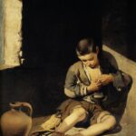 Painting by Bartolomé Esteban Murillo showing a barefoot boy in tattered clothes sitting on the floor near a window, picking at his shirt, with a jug, straw mat and scraps of food beside him against a dark background.