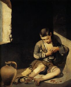 Painting by Bartolomé Esteban Murillo showing a barefoot boy in tattered clothes sitting on the floor near a window, picking at his shirt, with a jug, straw mat and scraps of food beside him against a dark background.