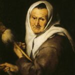 Seventeenth century painting by Murillo showing an elderly woman in a white headscarf and brown garment holding a distaff and spindle, turned toward the viewer against a dark background with a serious, thoughtful expression.
