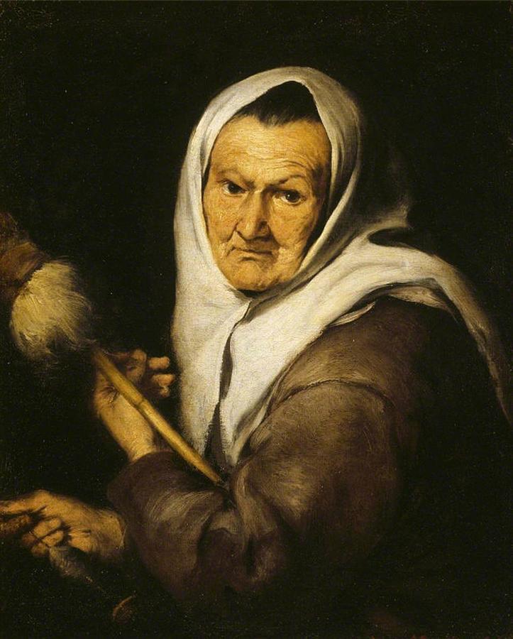 Seventeenth century painting by Murillo showing an elderly woman in a white headscarf and brown garment holding a distaff and spindle, turned toward the viewer against a dark background with a serious, thoughtful expression.