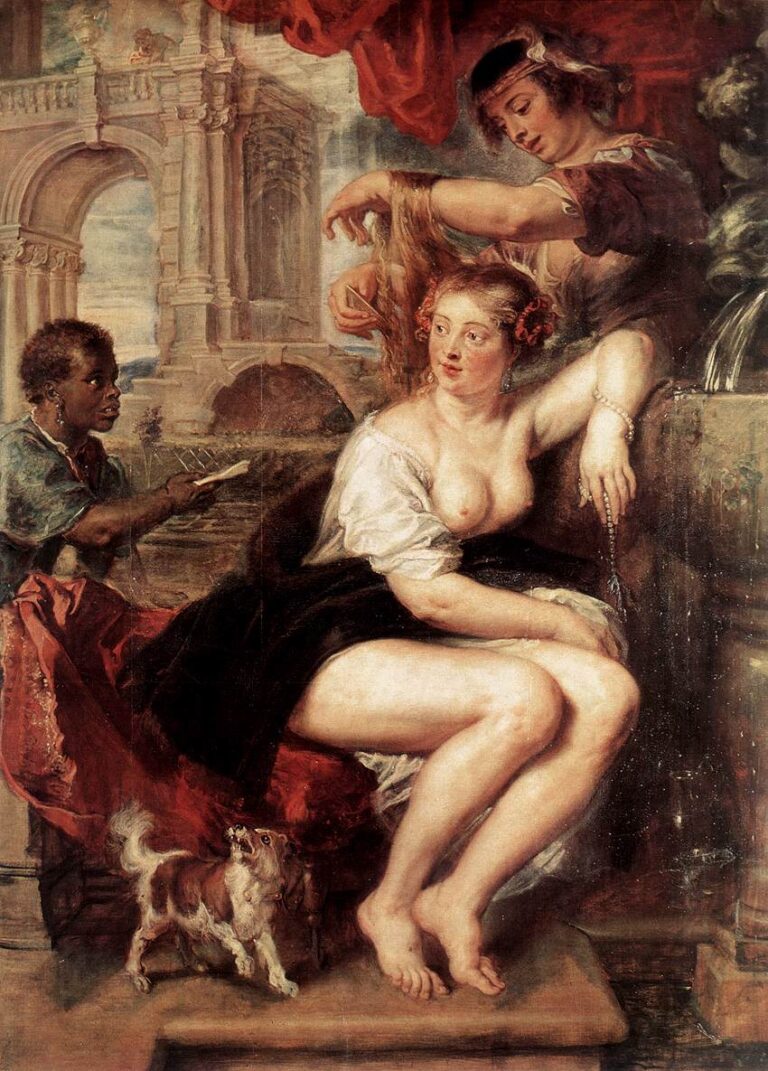 Baroque painting by Peter Paul Rubens showing Bathsheba half-nude seated by a fountain while one maid arranges her hair, a young Black attendant presents a letter, and a small dog barks at her feet, all set against grand stone arches and red drapery.