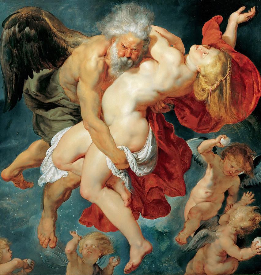 Baroque painting by Peter Paul Rubens showing the winged North Wind god Boreas forcefully carrying off the nude Oreithyia through a dark blue sky, with red drapery billowing around them and small winged putti swirling below.