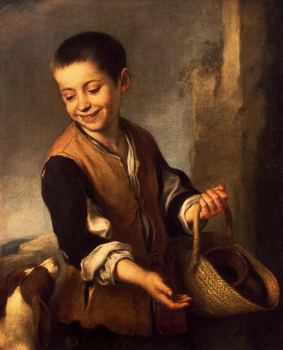 Seventeenth century painting by Murillo showing a smiling young boy in a brown vest holding a straw basket with clay pots while looking down affectionately at a small dog beside him against a simple background.