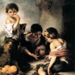 Oil painting of three ragged boys outdoors, two crouched on the ground playing dice while a third stands eating bread beside a begging dog, with a basket of lemons and a clay jug in the foreground against a rough wall and open sky.