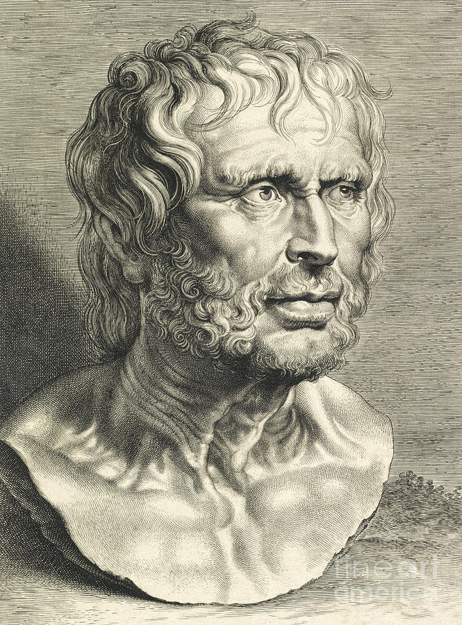 Monochrome bust portrait by Peter Paul Rubens showing the Roman philosopher Seneca with tousled short hair, curly beard, furrowed brow, and tense neck and upper chest, turned three-quarters to the right against a lightly hatched neutral background.