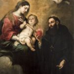 Vertical Baroque painting by Bartolomé Esteban Murillo showing the Virgin Mary seated on clouds with the Christ Child offering a flaming heart to St Augustine, while cherub angels hover in a golden sky above.
