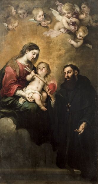 Vertical Baroque painting by Bartolomé Esteban Murillo showing the Virgin Mary seated on clouds with the Christ Child offering a flaming heart to St Augustine, while cherub angels hover in a golden sky above.