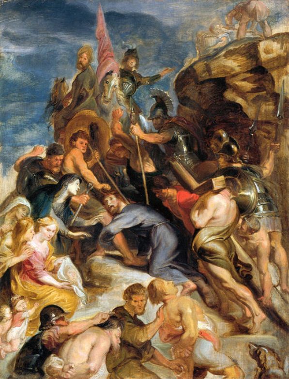 Baroque painting by Peter Paul Rubens showing Christ stumbling under the weight of the cross on a crowded hillside, surrounded by armored soldiers, weeping women, children, and executioners, with Veronica leaning forward to offer a cloth and a rocky path rising toward the place of crucifixion under a turbulent sky.