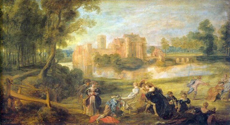 Baroque landscape painting by Peter Paul Rubens showing a sunlit castle beside a reflective river, framed by tall trees, with groups of finely dressed men, women, and children dancing and socializing on a green lawn in the foreground under a soft, golden sky.