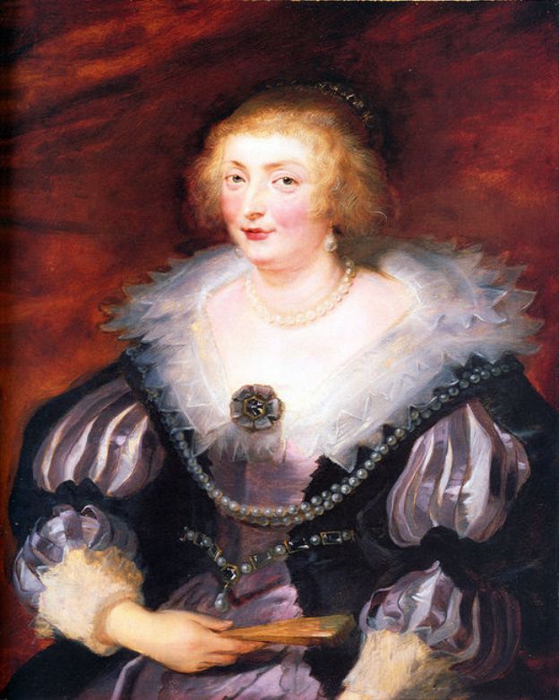 Three-quarter portrait of Catherine Manners by Peter Paul Rubens showing the duchess in a violet satin dress with a lace ruff, pearls, and jeweled bodice, holding a closed fan against a warm reddish background, her head turned slightly as she looks toward the viewer.