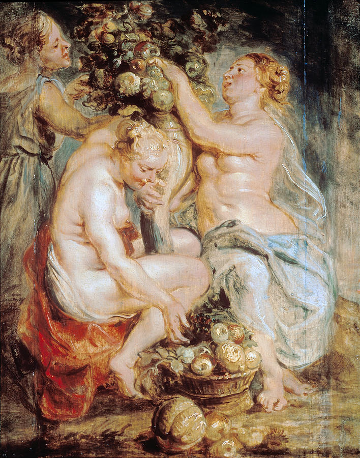 Baroque painting by Peter Paul Rubens showing the goddess Ceres and two nymphs clustered around a huge cornucopia overflowing with fruit, the three full-bodied women seated and kneeling beside a basket of apples and melons in a warmly lit, painterly setting.