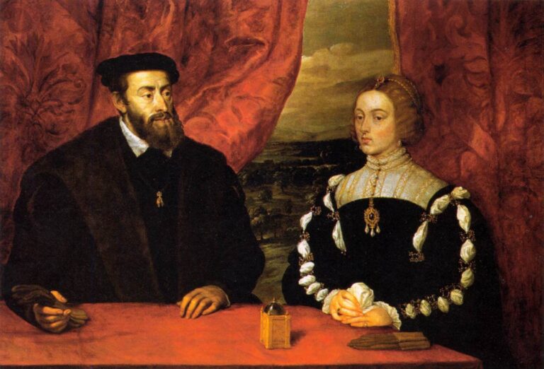 Double portrait by Rubens showing Charles V and Empress Isabella seated at a red table between parted crimson curtains with a distant landscape; the emperor in black fur with gloves, the empress in black velvet with white satin puffs and jewels, a small gilt clock on the table.