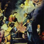 Painting by Bartolomé Esteban Murillo showing the Virgin Mary on a raised throne surrounded by angels as she bestows a richly colored chasuble on kneeling St. Ildefonso, with cherubs in a glowing sky and a nun witnessing the miracle at the side.