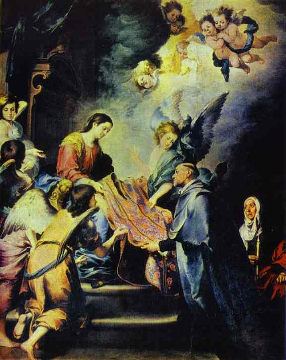 Painting by Bartolomé Esteban Murillo showing the Virgin Mary on a raised throne surrounded by angels as she bestows a richly colored chasuble on kneeling St. Ildefonso, with cherubs in a glowing sky and a nun witnessing the miracle at the side.