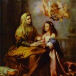 Baroque painting of Saint Anne seated with the young Virgin Mary beside her, both holding a book, while a group of cherubs hovers in a golden cloud above them in a simple domestic setting.