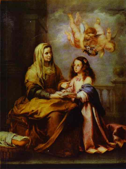 Baroque painting of Saint Anne seated with the young Virgin Mary beside her, both holding a book, while a group of cherubs hovers in a golden cloud above them in a simple domestic setting.
