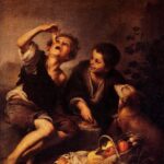 Baroque painting of two ragged boys seated on the ground eating a pie, one child leaning back and lifting a slice toward his mouth while the other smiles at him, with a dog watching expectantly and a basket of fruit and bread in the foreground.