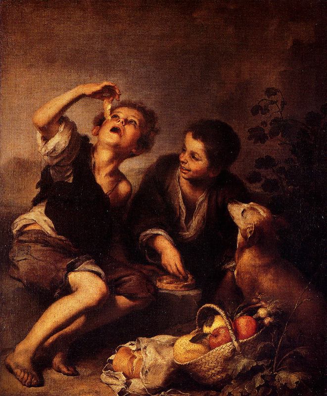 Baroque painting of two ragged boys seated on the ground eating a pie, one child leaning back and lifting a slice toward his mouth while the other smiles at him, with a dog watching expectantly and a basket of fruit and bread in the foreground.