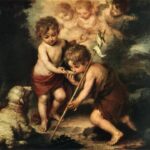 Baroque painting by Bartolome Esteban Murillo showing the Christ Child and young Saint John the Baptist sharing water from a shell beside a lamb, with soft clouds and cherubs in the background.