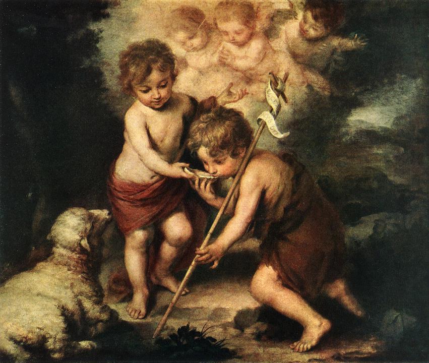 Baroque painting by Bartolome Esteban Murillo showing the Christ Child and young Saint John the Baptist sharing water from a shell beside a lamb, with soft clouds and cherubs in the background.