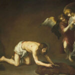 Painting by Bartolomé Esteban Murillo showing the wounded Christ on hands and knees after the flagellation, near a scourging column, as two angels in flowing robes approach from the right holding a cloth to cover him against a dark background.