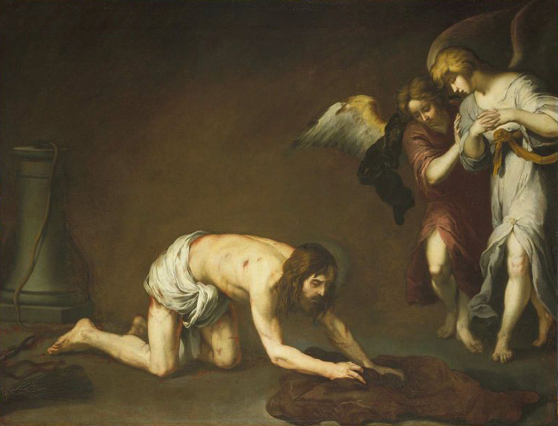 Painting by Bartolomé Esteban Murillo showing the wounded Christ on hands and knees after the flagellation, near a scourging column, as two angels in flowing robes approach from the right holding a cloth to cover him against a dark background.