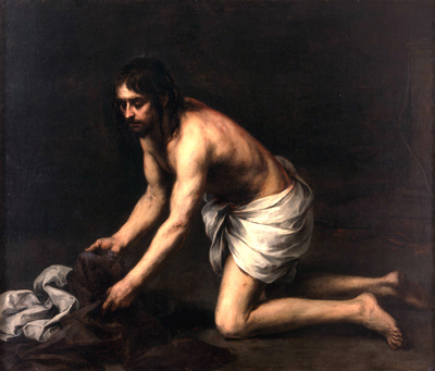 Murillo painting of Christ after the flagellation showing a nearly naked Jesus kneeling on the ground, wrapped in a white cloth, reaching to gather a dark robe in a stark dark background.