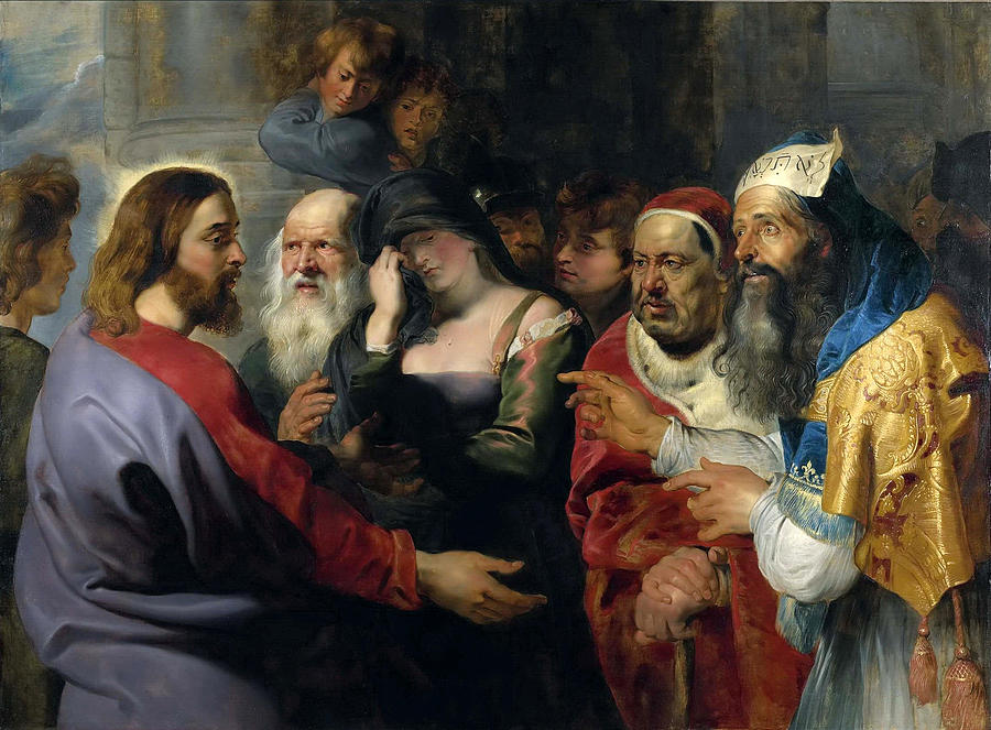 Baroque painting by Peter Paul Rubens showing Christ on the left addressing a weeping woman surrounded by elders and priests on the right, whose richly robed figures point and argue, while a crowded background of onlookers heightens the dramatic confrontation over the adulteress.