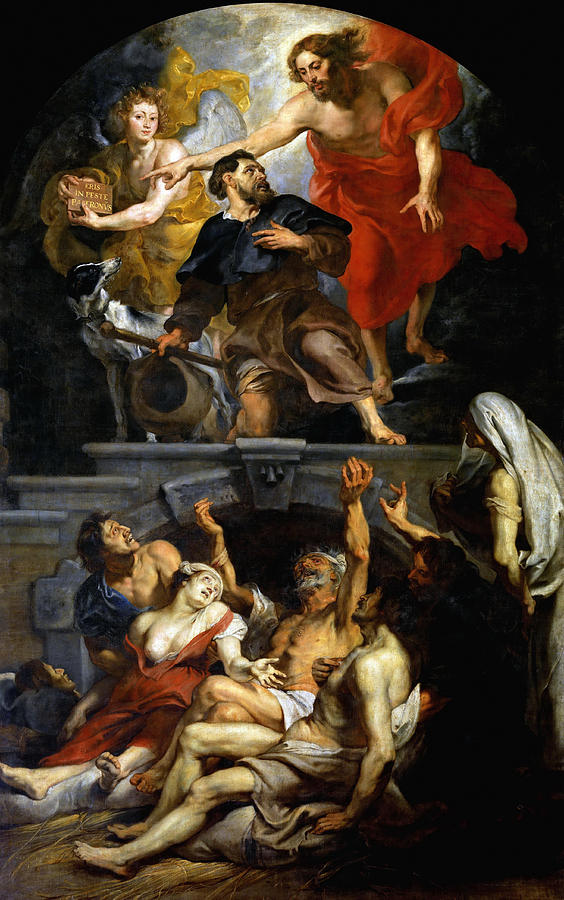 Vertical Baroque painting by Rubens showing Christ in red robes and a golden angel appointing the kneeling pilgrim Saint Roch above a crowded group of plague victims who lie and reach upward in anguish below.