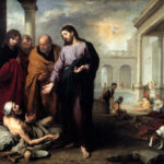 Baroque painting by Bartolome Esteban Murillo showing Christ at the pool of Bethesda extending his hand toward a sick man lying on the ground, with disciples and other sufferers in an arched courtyard.