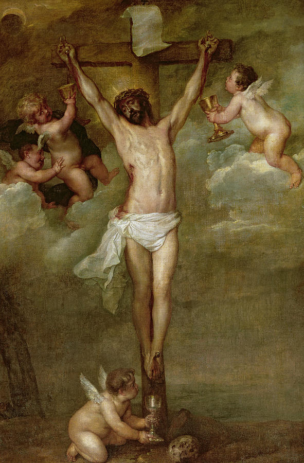 Baroque painting of the Crucifixion by Peter Paul Rubens showing Christ on the cross against a soft sky as small winged angels hover with golden chalices and a kneeling angel gathers blood at the base beside a skull on Golgotha.