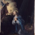 Painting of Christ kneeling in the dark Garden of Gethsemane, hands clasped in prayer, looking up toward an angel in a glowing cloud who offers a chalice and cross, with sleeping disciples barely visible in the distant shadows.