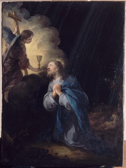 Painting of Christ kneeling in the dark Garden of Gethsemane, hands clasped in prayer, looking up toward an angel in a glowing cloud who offers a chalice and cross, with sleeping disciples barely visible in the distant shadows.